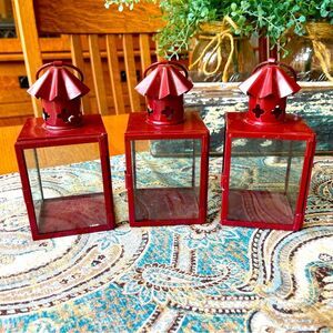 Red Tin Glass Candle Lanterns Set Of Three Vintage Metal Decor